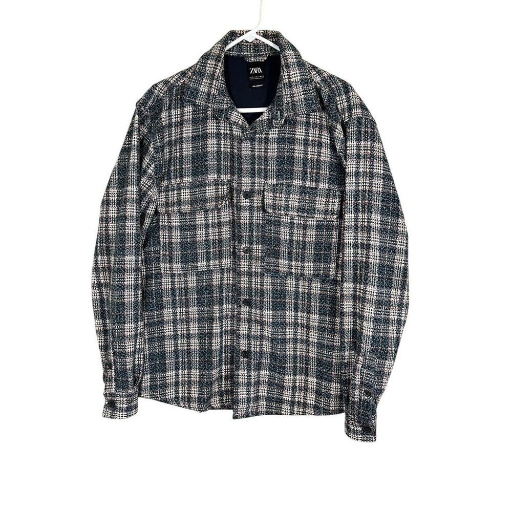 Zara Tweed Plaid Jacket M Blue Check Relaxed Retro Preppy Academia Classic 80s